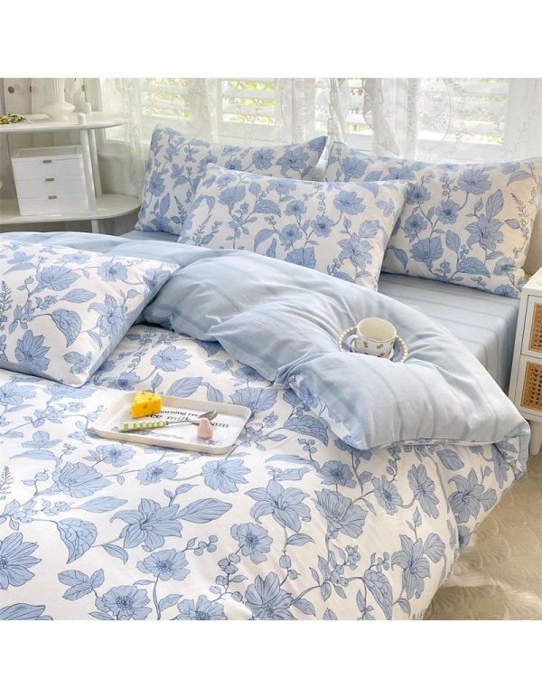 Mengjiuran 60 Thread Count Small Fresh Cotton 4-Piece Set Autumn and Winter Cotton 3-Piece Dormitory Flat Sheet Quilt Cover Fitted Sheet