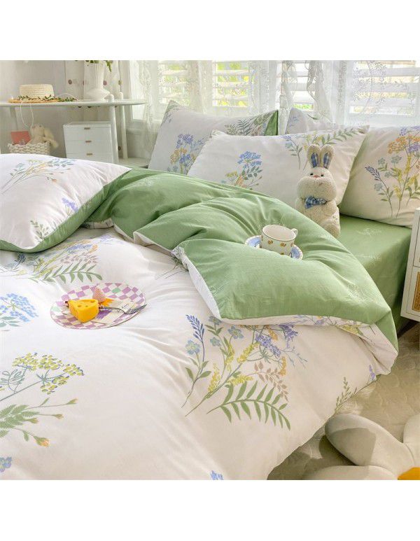 Mengjiuran 60 Thread Count Small Fresh Cotton 4-Piece Set Autumn and Winter Cotton 3-Piece Dormitory Flat Sheet Quilt Cover Fitted Sheet