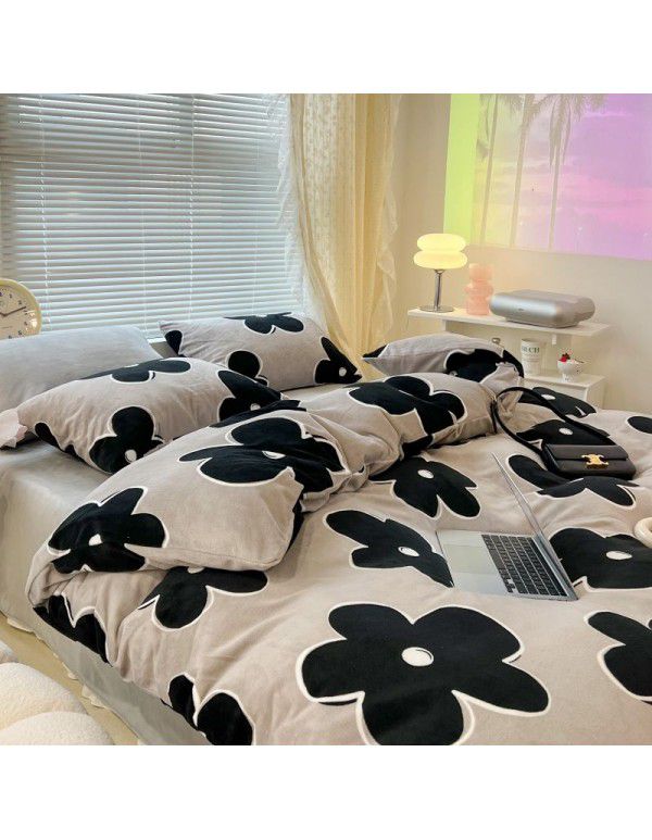 Ins fresh tulip milk velvet four piece set floral coral velvet bed sheet winter thickened quilt cover warm bed
