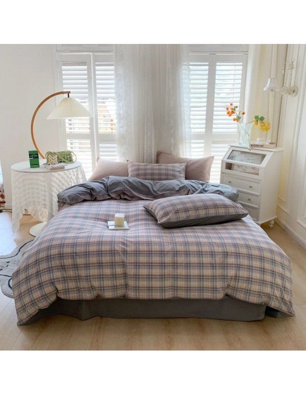 Cotton Yarn dyed Washed Cotton Four Piece Set Pure Cotton Printless Manufacturer Direct Sales Bedding, Quilt Cover, Japanese Style Good Fitted Sheet Wholesale