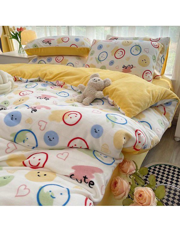 Autumn and winter cartoon small fresh milk velvet four piece set plush double faced plush thickened bed sheet quilt cover bed three piece set