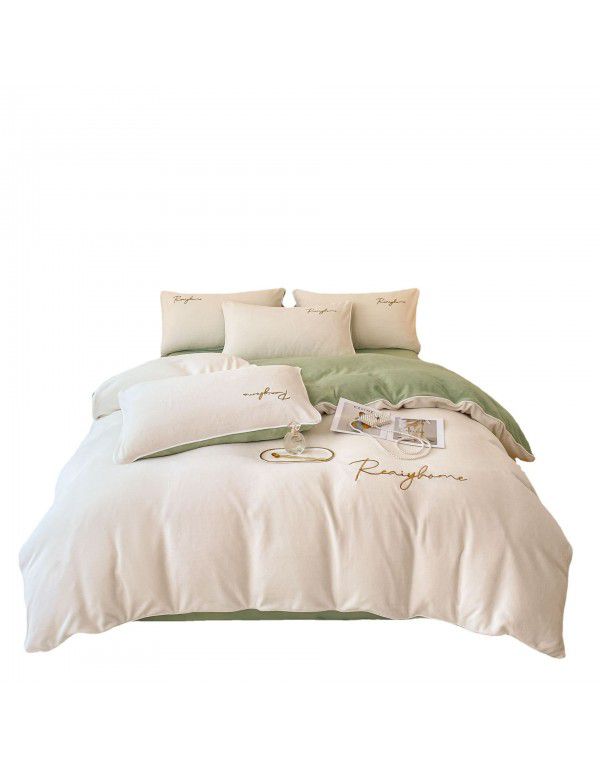 Solid Light Luxury Embroidery Milk Fleece Four Piece Set Double Combination Thickened Coral Fleece Duvet Cover Autumn and Winter Golden Mink Fleece Flat Sheet Fitted Sheet