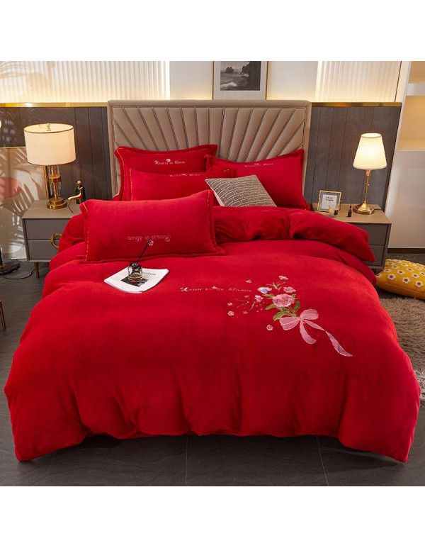 Autumn and winter thickened milk velvet four piece set, flower embroidery flannel quilt cover, bed sheet, bedding set, wholesale