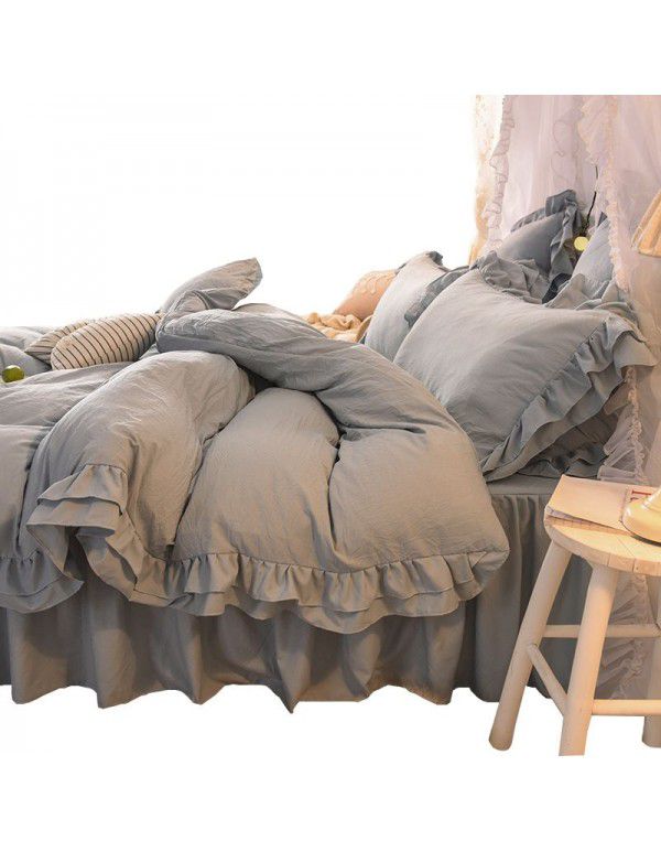 Ins girl's heart wash cotton bed skirt four piece princess style bed sheet quilt cover three piece 1.5/1.8m bed 