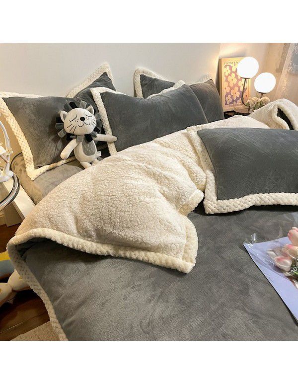Thickened Milk Cashmere Bed 4-Piece Lamb Cashmere Checker Quilt Cover Winter Coral Cashmere Bedding Piece 3-Piece Men's Sheet Set