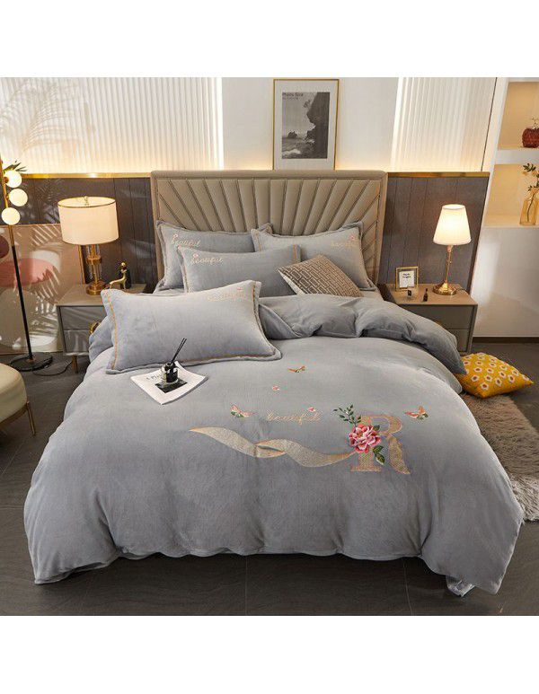 Autumn and winter thickened milk velvet four piece set, flower embroidery flannel quilt cover, bed sheet, bedding set, wholesale