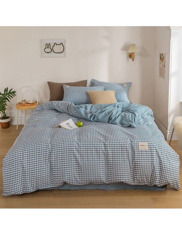 Japanese non printing washing cotton buffing bed four piece set student dormitory bed sheet quilt cover three piece fitted sheet wholesale
