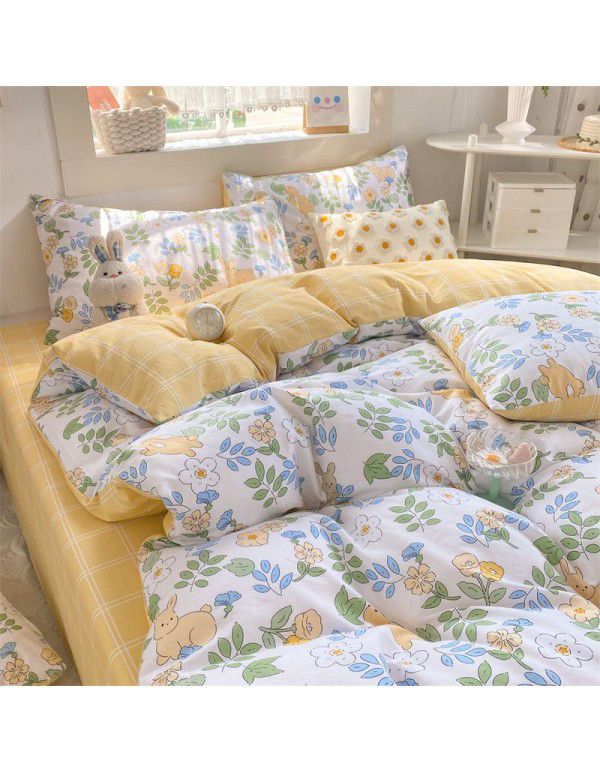 Mengjiuran 60 Thread Count Small Fresh Cotton 4-Piece Set Autumn and Winter Cotton 3-Piece Dormitory Flat Sheet Quilt Cover Fitted Sheet