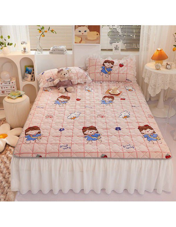 Class A milk flannel lace bed skirt antibacterial cotton quilt bed cover mattress thickened densified soybean anti bacteria bed skirt three piece set