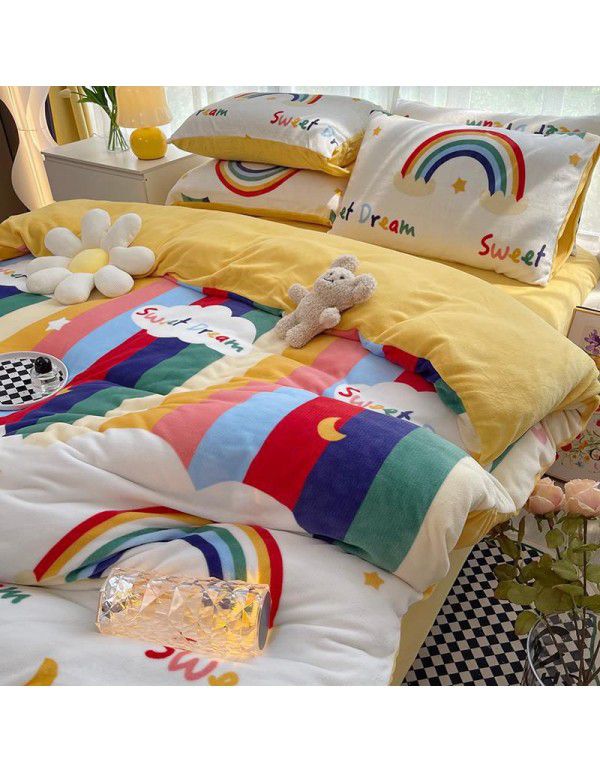 Autumn and winter cartoon small fresh milk velvet four piece set plush double faced plush thickened bed sheet quilt cover bed three piece set