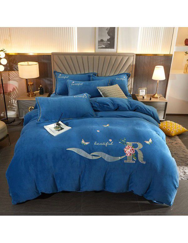Autumn and winter thickened milk velvet four piece set, flower embroidery flannel quilt cover, bed sheet, bedding set, wholesale
