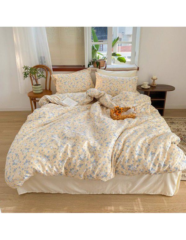 Nantong Xiaoqingxin Floral Four piece Set 100% Cotton Bedding Sheet and Quilt Cover Dormitory Three piece Nude Sleeping Set