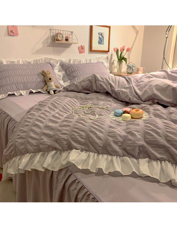 [Factory store] Xiaohongshu.com red water washing seersucker purple 1.5 bed sheet skirt solid color quilt cover 1.8 one hair