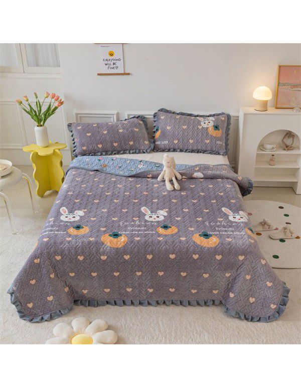 Autumn and winter thickened milk velvet bed cover three piece quilted cotton crystal velvet blanket lace warm blanket sub sheet