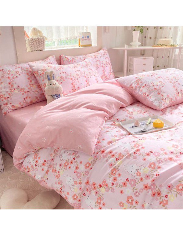 Mengjiuran 60 Thread Count Small Fresh Cotton 4-Piece Set Autumn and Winter Cotton 3-Piece Dormitory Flat Sheet Quilt Cover Fitted Sheet