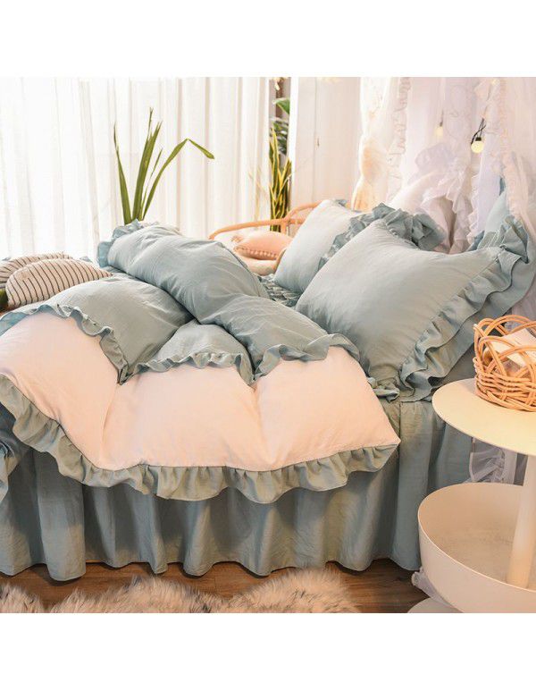 Ins girl's heart wash cotton bed skirt four piece princess style bed sheet quilt cover three piece 1.5/1.8m bed 