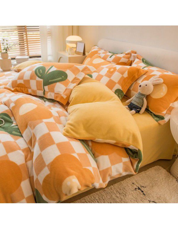 Winter four piece milk velvet thickened warm small fresh flannel quilt cover bedspread bedding live wholesale