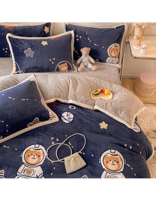 Ins Winter Milk Wool 4-Piece Rabbit Wool Quilt Cover Sheet Pastoral Warm Upset Double Sided Wool Bedding 4