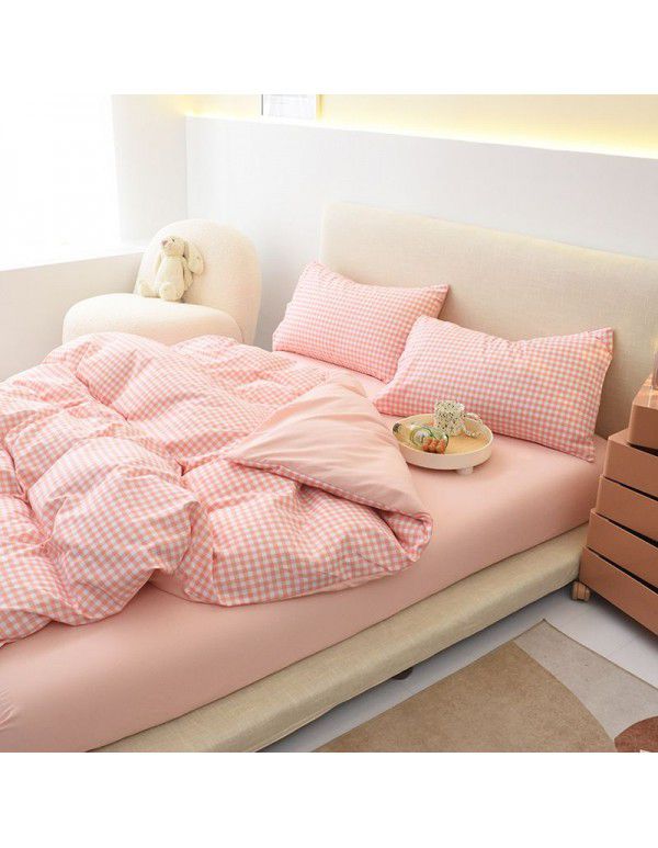 Japanese non printing feng shui cotton four piece set, active printing and dyeing thickened brushed bed sheet, student dormitory three piece set