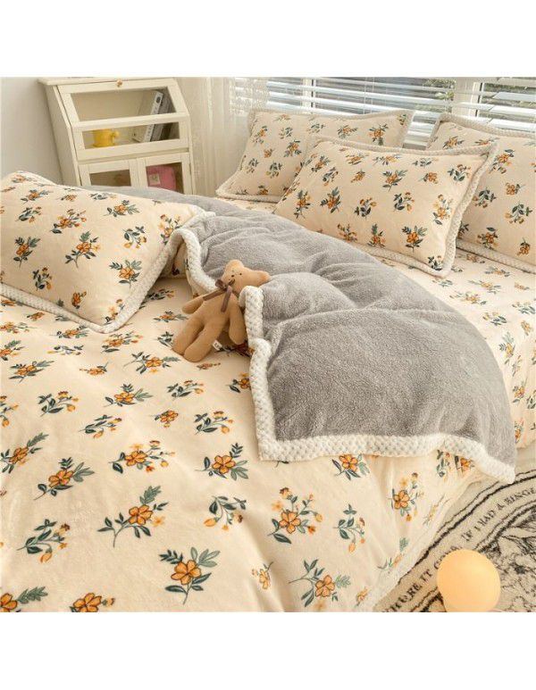 Ins Winter Milk Wool 4-Piece Rabbit Wool Quilt Cover Sheet Pastoral Warm Upset Double Sided Wool Bedding 4