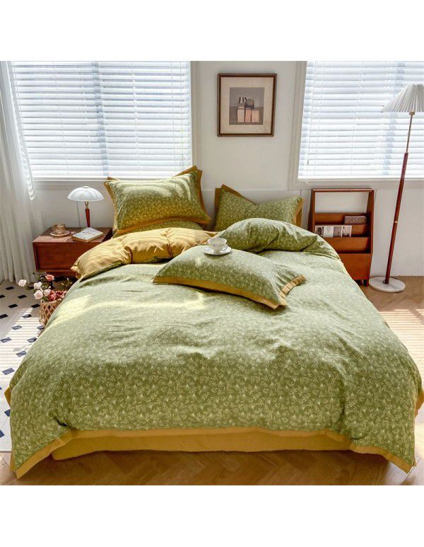 New Autumn and Winter Pure Class A Washed Cotton and Hemp 4-Piece Double Layer Yarn Cotton Small Fresh Quilt Cover Flat Sheet Live Broadcast Hot Sale