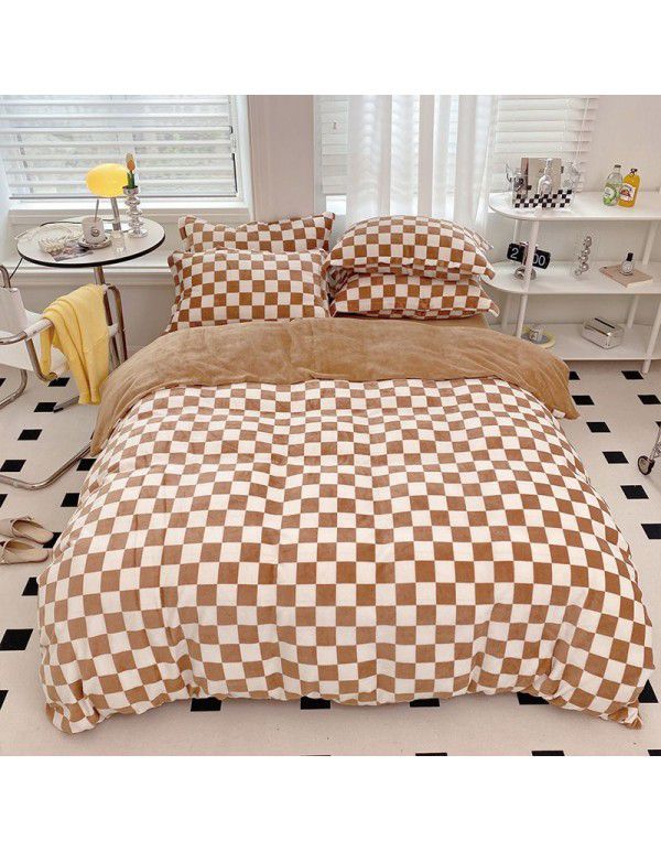 Milk velvet four piece set checkerboard thickened warm bed sheet Fitted sheet Bedding set One piece wholesale