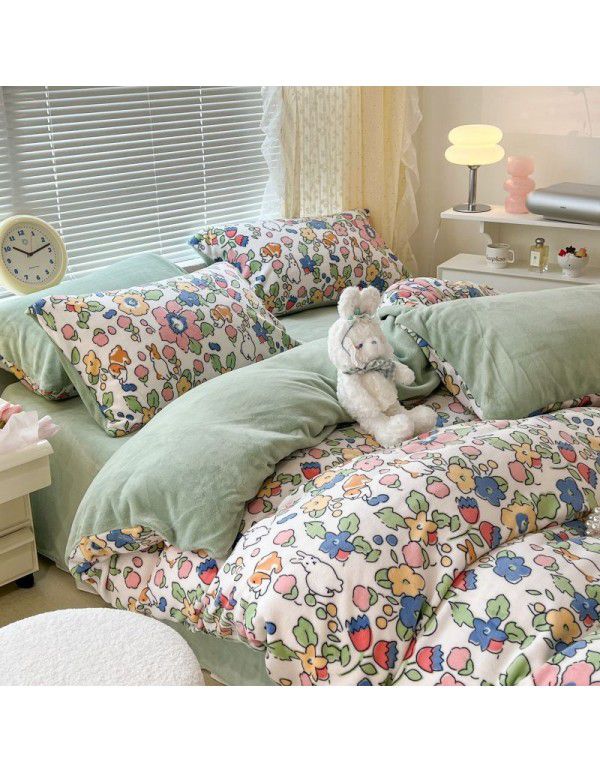 Ins fresh tulip milk velvet four piece set floral coral velvet bed sheet winter thickened quilt cover warm bed