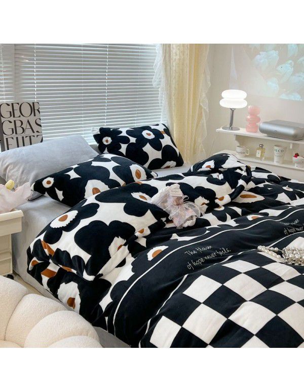 Ins fresh tulip milk velvet four piece set floral coral velvet bed sheet winter thickened quilt cover warm bed