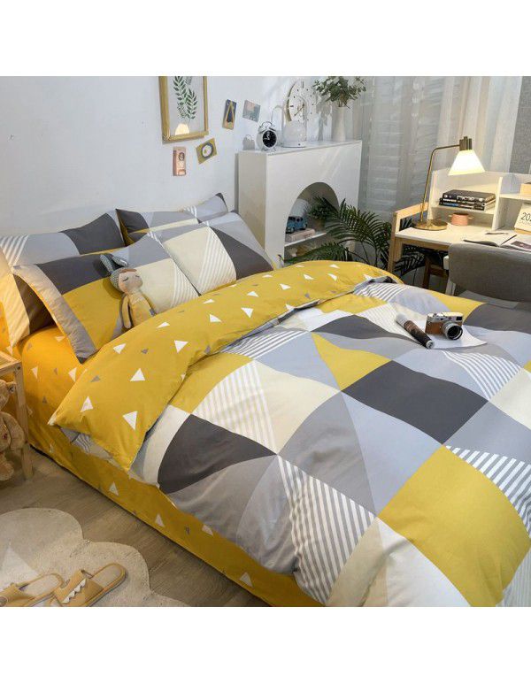 Four piece set in bed, all cotton Nordic style four piece set, 100 cotton spring and autumn bed sheet, fitted sheet, single dormitory set
