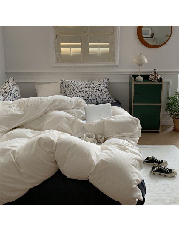 New Washed Cotton Solid Color Four Piece Set ins Style Cotton Student Dormitory Flat Sheet Fitted Sheet Home Stay Simple Home Textile