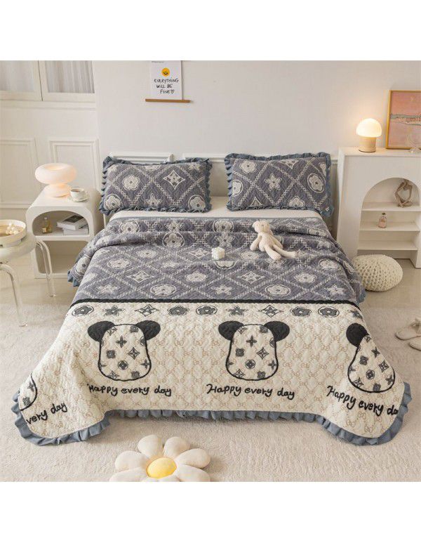 Autumn and winter thickened milk velvet bed cover three piece quilted cotton crystal velvet blanket lace warm blanket sub sheet
