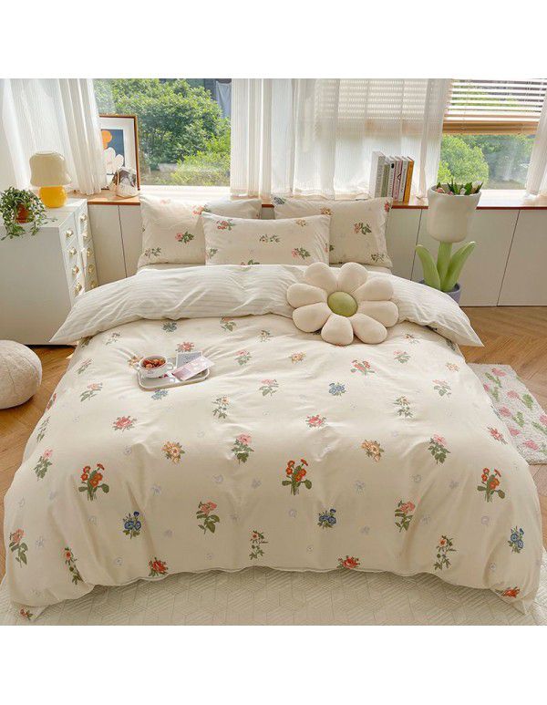 Nantong Xiaoqingxin Floral Four piece Set 100% Cotton Bedding Sheet and Quilt Cover Dormitory Three piece Nude Sleeping Set