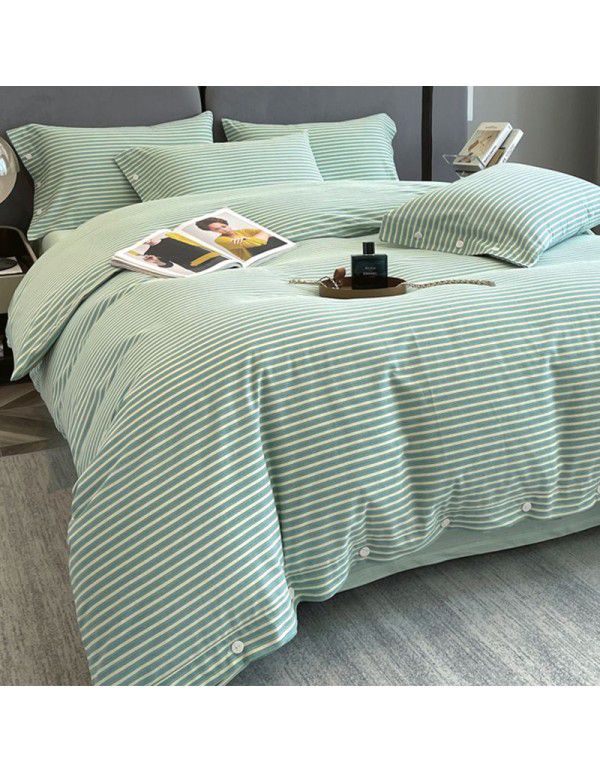 Good thick brushed 4-piece set of all cotton pure cotton simple stripes in autumn and winter