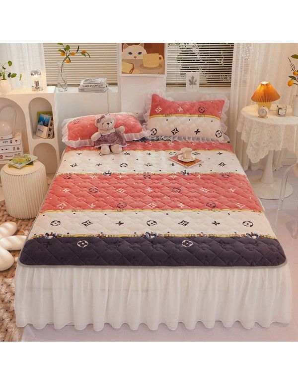 Class A milk flannel lace bed skirt antibacterial cotton quilt bed cover mattress thickened densified soybean anti bacteria bed skirt three piece set