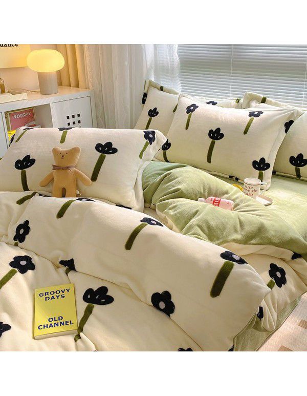 Autumn and winter thickened milk velvet bed four piece set, double-sided plush warm coral velvet bed sheet and quilt cover, three piece set wholesale