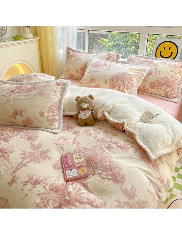 Ins Winter Milk Wool 4-Piece Rabbit Wool Quilt Cover Sheet Pastoral Warm Upset Double Sided Wool Bedding 4