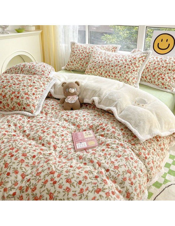 Ins Winter Milk Wool 4-Piece Rabbit Wool Quilt Cover Sheet Pastoral Warm Upset Double Sided Wool Bedding 4