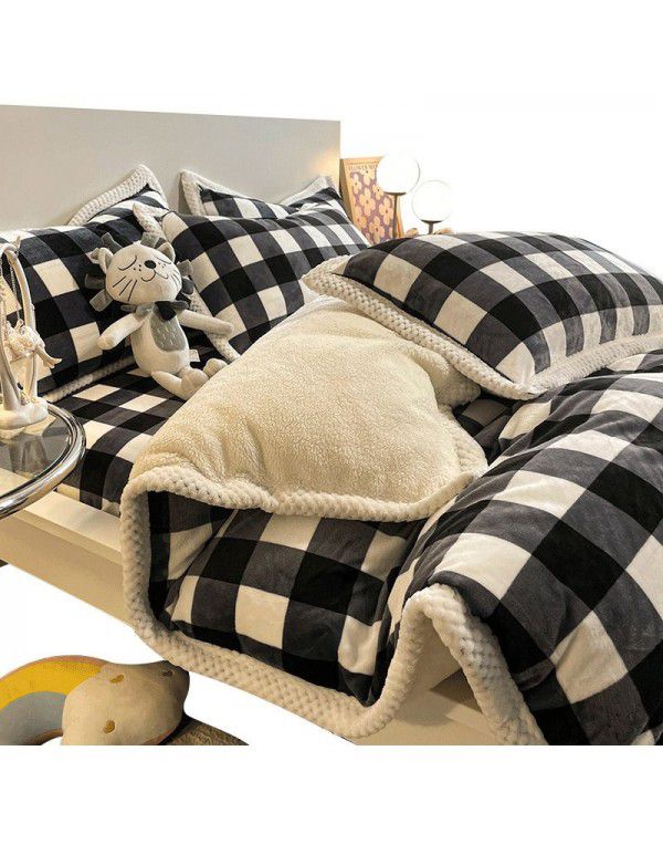 Thickened Milk Cashmere Bed 4-Piece Lamb Cashmere Checker Quilt Cover Winter Coral Cashmere Bedding Piece 3-Piece Men's Sheet Set