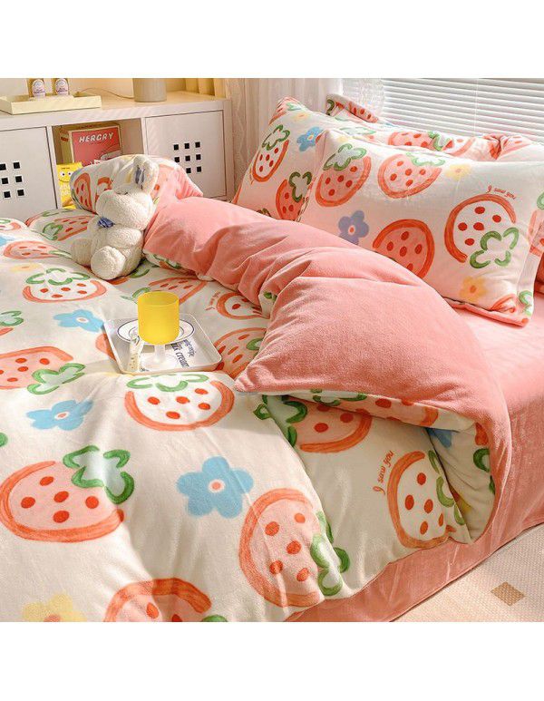 Autumn and winter thickened milk velvet bed four piece set, double-sided plush warm coral velvet bed sheet and quilt cover, three piece set wholesale