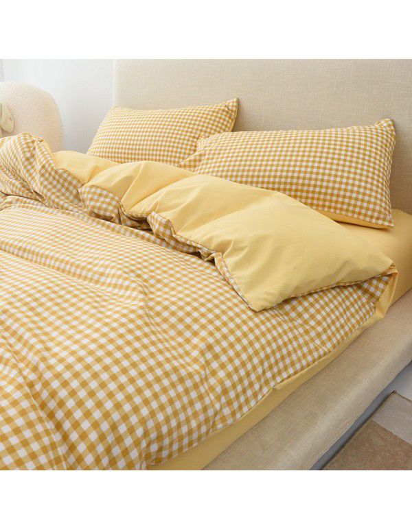 Japanese non printing feng shui cotton four piece set, active printing and dyeing thickened brushed bed sheet, student dormitory three piece set