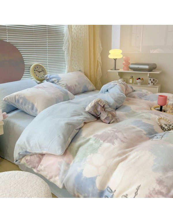 Ins fresh tulip milk velvet four piece set floral coral velvet bed sheet winter thickened quilt cover warm bed