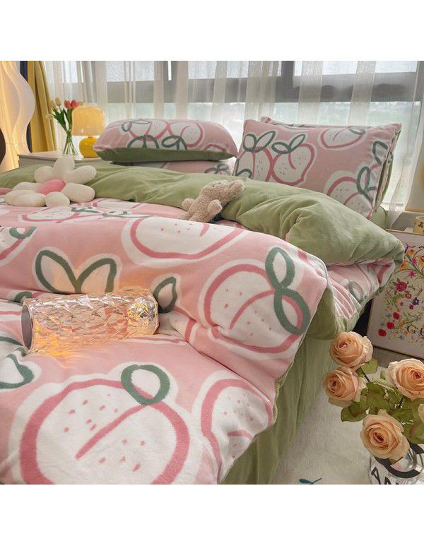 Autumn and winter cartoon small fresh milk velvet four piece set plush double faced plush thickened bed sheet quilt cover bed three piece set