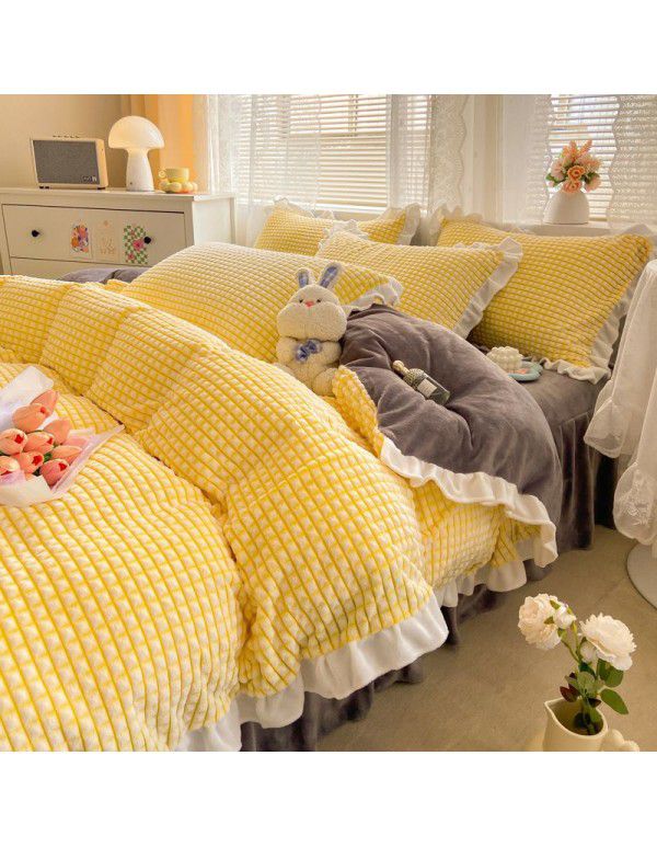 In winter, Korean version thickened princess style milk velvet four piece set, Jane lattice lace warm bed sheet, quilt cover, student three piece set