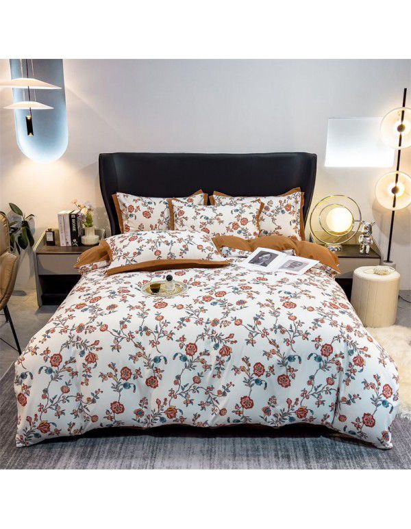 New Autumn and Winter Pure Class A Washed Cotton and Hemp 4-Piece Double Layer Yarn Cotton Small Fresh Quilt Cover Flat Sheet Live Broadcast Hot Sale