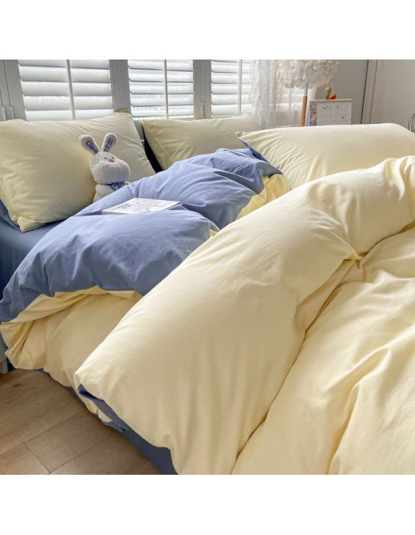 Ins style simple bedding cream style kit nude sleeping water washing cotton sheet quilt cover student dormitory four piece set