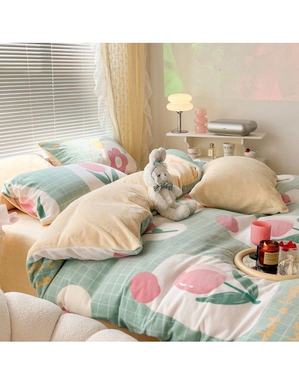 Ins fresh tulip milk velvet four piece set floral coral velvet bed sheet winter thickened quilt cover warm bed