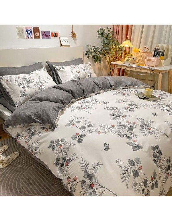 Four piece set in bed, all cotton Nordic style four piece set, 100 cotton spring and autumn bed sheet, fitted sheet, single dormitory set