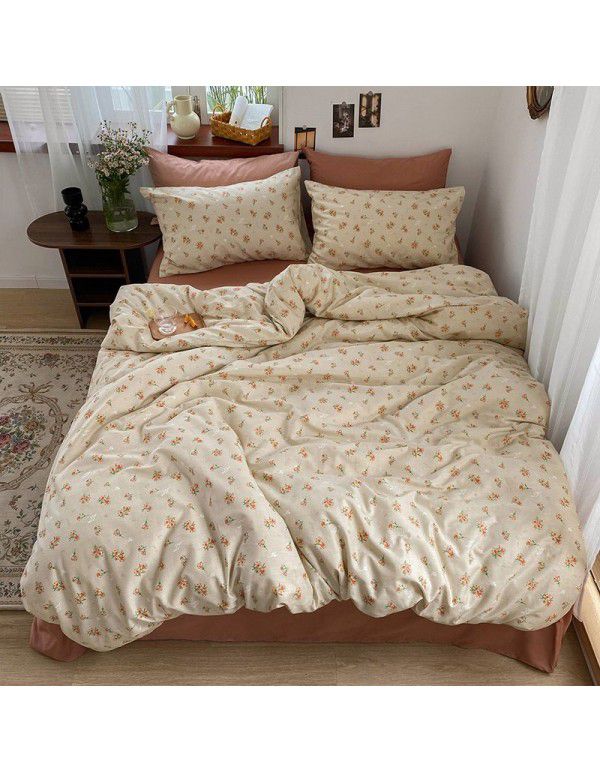 Nantong Xiaoqingxin Floral Four piece Set 100% Cotton Bedding Sheet and Quilt Cover Dormitory Three piece Nude Sleeping Set