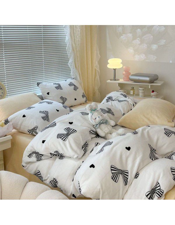 Ins fresh tulip milk velvet four piece set floral coral velvet bed sheet winter thickened quilt cover warm bed
