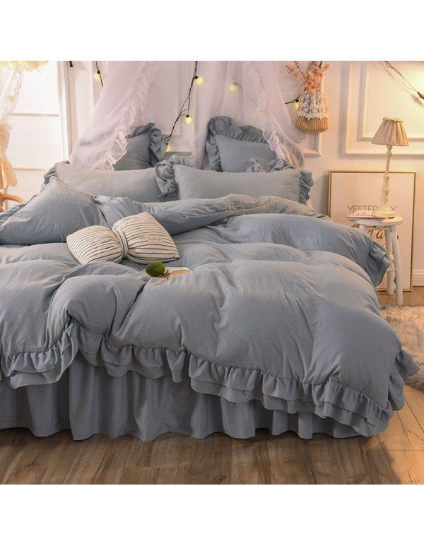 Ins girl's heart wash cotton bed skirt four piece princess style bed sheet quilt cover three piece 1.5/1.8m bed 